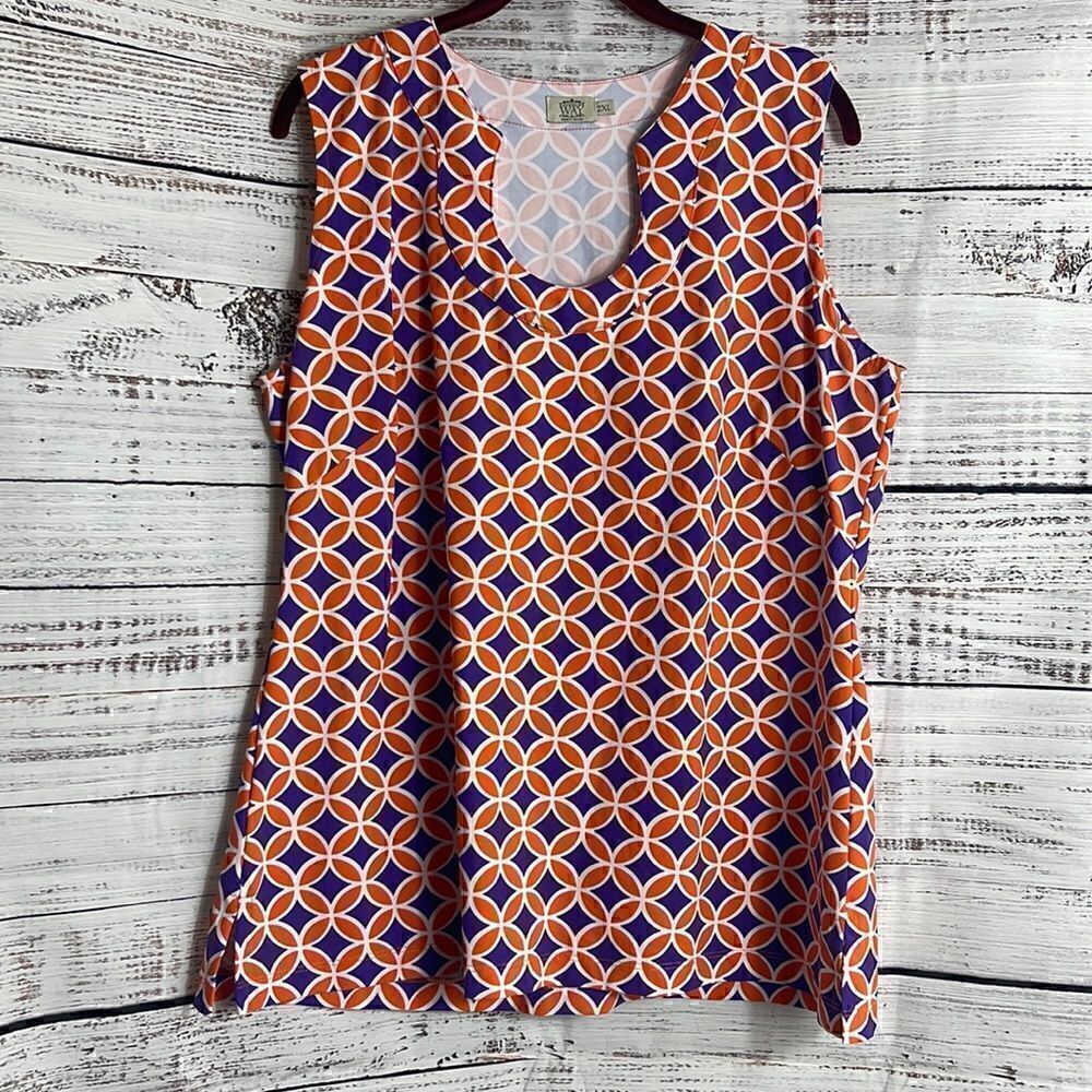 Katherine Way Top Womens plus Sz 2XL Sleeveless jersey Geo print UPF 50+ Tank‎